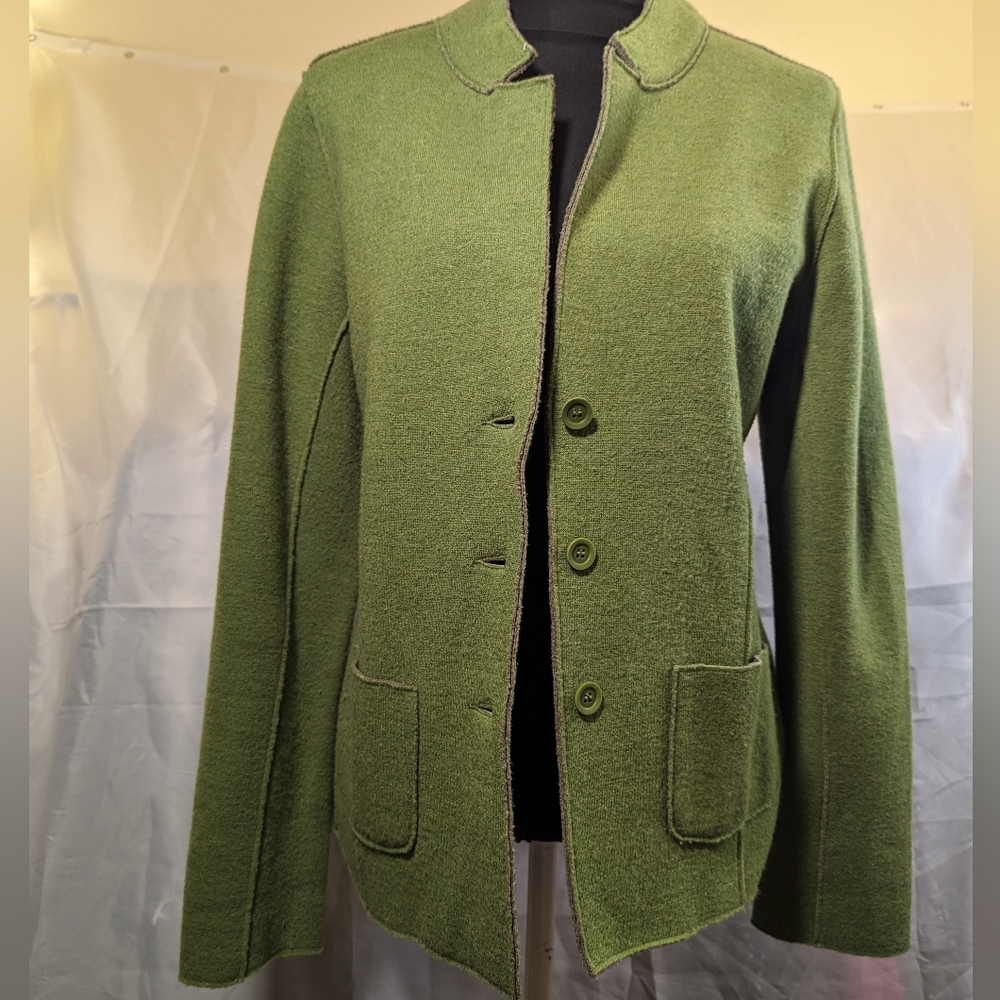 Eileen Fisher Merino Wool Green Slim Cut Button Up Pockets Long Sleeve Medium